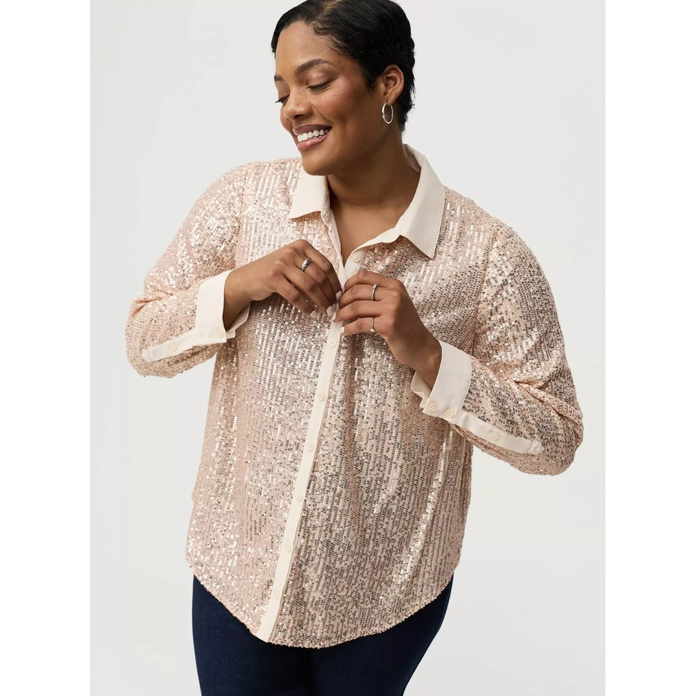 NWT Torrid Button Up Shirt Womens 3X Champagne Madison Sequin Holiday Party